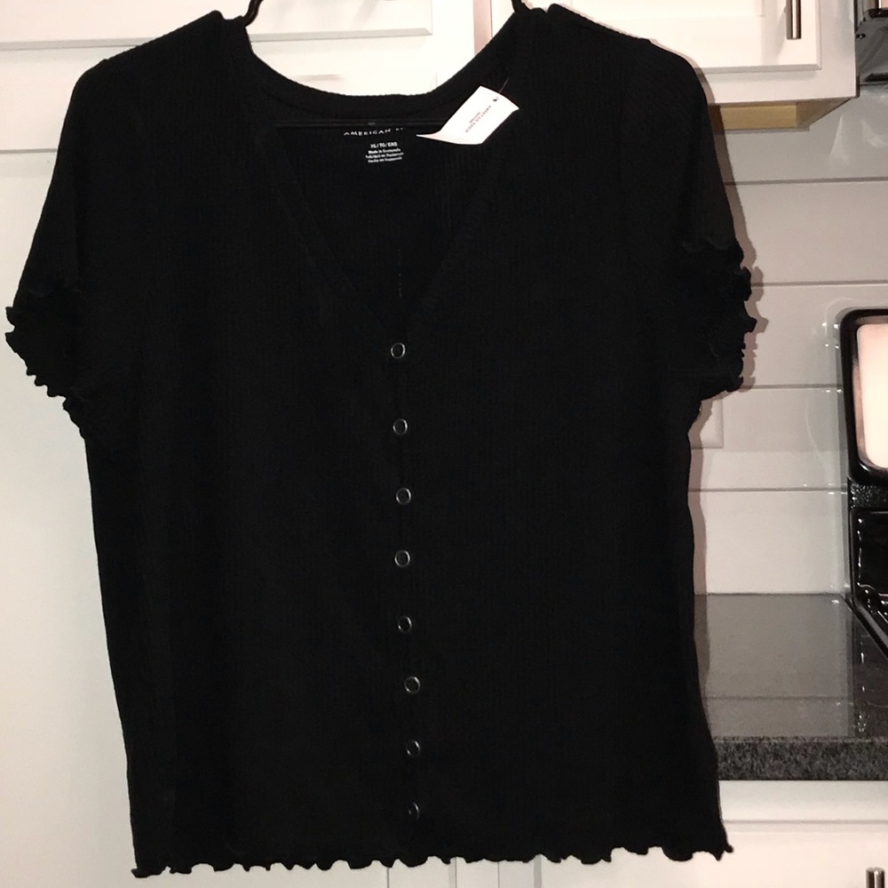 Button Front Lettuce Hem Knit Ribbed Tee